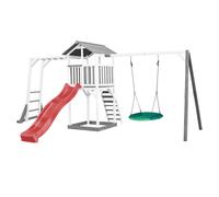 AXI Beach Tower parco giochi in legno in grigio e bianco | Torre di gioco con sabbiera, struttura per arrampicarsi, altalena a nido e scivolo rosso | Casa per bambini su palafitte per il giardino