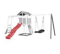 AXI Beach Tower parco giochi in legno in grigio e bianco | Torre di gioco con sabbiera, struttura per arrampicarsi, altalena a nido e scivolo rosso | Casa per bambini su palafitte per il giardino