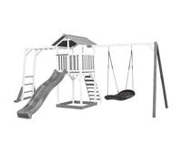 AXI Beach Tower parco giochi in legno in grigio e bianco | Torre di gioco con sabbiera, struttura per arrampicarsi, altalena a nido e scivolo grigio | Casa per bambini su palafitte per il giardino