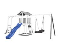 AXI Beach Tower Parco giochi in legno in grigio e bianco | Torre di gioco con sabbiera, telaio per arrampicarsi, altalena a nido e scivolo blu | Casa per bambini su palafitte per il giardino