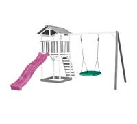 AXI Beach Tower parco giochi in legno in grigio e bianco | Torre di gioco per bambini con sabbiera, altalena a nido e scivolo viola | Casa per bambini su palafitte per il giardino