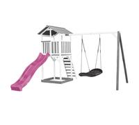 AXI Beach Tower parco giochi in legno in grigio e bianco | Torre di gioco per bambini con sabbiera, altalena a nido e scivolo viola | Casa per bambini su palafitte per il giardino