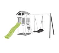 AXI Beach Tower parco giochi in legno in grigio e bianco | Torre di gioco per bambini con sabbiera, altalena a nido e scivolo verde lime | Casa per bambini su palafitte per il giardino