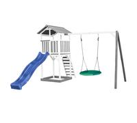AXI Beach Tower Parco giochi in legno in grigio e bianco | Torre di gioco per bambini con sabbiera, altalena a nido e scivolo blu | Casa per bambini su palafitte per il giardino