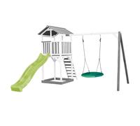 AXI Beach Tower parco giochi in legno in grigio e bianco | Torre di gioco per bambini con sabbiera, altalena a nido e scivolo verde lime | Casa per bambini su palafitte per il giardino