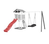AXI Beach Tower parco giochi in legno in grigio e bianco | Torre di gioco per bambini con sabbiera, altalena a nido e scivolo rosso | Casa per bambini su palafitte per il giardino