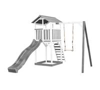 AXI Beach Tower parco giochi in legno in grigio e bianco | Torre di gioco per bambini con sabbiera, altalena e scivolo grigio | Casa per bambini su palafitte per il giardino