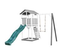 AXI Beach Tower parco giochi in legno in grigio e bianco | Torre di gioco per bambini con sabbiera, altalena e scivolo verde | Casa per bambini su palafitte per il giardino