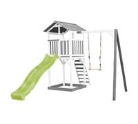 AXI Beach Tower parco giochi in legno in grigio e bianco | Torre di gioco per bambini con sabbiera, altalena e scivolo verde lime | Casa per bambini su palafitte per il giardino