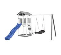 AXI Beach Tower Parco giochi in legno in grigio e bianco | Torre di gioco per bambini con sabbiera, altalena a nido e scivolo blu | Casa per bambini su palafitte per il giardino