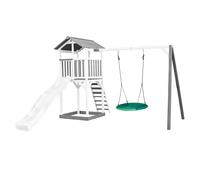AXI Beach Tower parco giochi in legno in grigio e bianco | Torre di gioco per bambini con sabbiera, altalena a nido e scivolo bianco | Casa per bambini su palafitte per il giardino