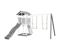 AXI Beach Tower parco giochi in legno in grigio e bianco | Torre di gioco per bambini con sabbiera, doppia altalena e scivolo grigio | Casa per bambini su palafitte per il giardino