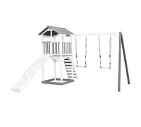 AXI Beach Tower parco giochi in legno in grigio e bianco | Torre di gioco per bambini con sabbiera, doppia altalena e scivolo bianco | Casa per bambini su palafitte per il giardino