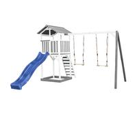 AXI Beach Tower Parco giochi in legno in grigio e bianco | Torre di gioco per bambini con sabbiera, doppia altalena e scivolo blu | Casa per bambini su palafitte per il giardino