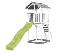 AXI Beach Tower parco giochi in legno in grigio e bianco | Torre di gioco per bambini con sabbiera e scivolo verde lime | Casa per bambini su palafitte per il giardino