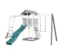 AXI Beach Tower parco giochi in legno in grigio e bianco | Torre di gioco per bambini con sabbiera, struttura per arrampicarsi, altalena e scivolo verde | Casa per bambini su palafitte per il giardino