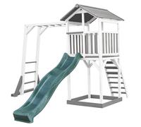 AXI Beach Tower parco giochi in legno in grigio e bianco | Torre di gioco per bambini con sabbiera, struttura per arrampicarsi e scivolo verde | Casa per bambini su palafitte per il giardino