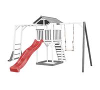 AXI Beach Tower parco giochi in legno in grigio e bianco | Torre di gioco per bambini con sabbiera, struttura per arrampicarsi, altalena e scivolo rosso | Casa per bambini su palafitte per il giardino