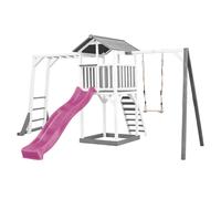 AXI Beach Tower parco giochi in legno in grigio e bianco | Torre di gioco per bambini con sabbiera, struttura per arrampicarsi, altalena e scivolo viola | Casa per bambini su palafitte per il giardino