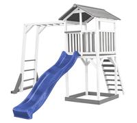 AXI Beach Tower Parco giochi in legno in grigio e bianco | Torre di gioco per bambini con sabbiera, struttura di arrampicata e scivolo blu | Casa per bambini su palafitte per il giardino
