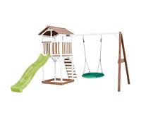 AXI Beach Tower parco giochi in legno in marrone e bianco | Torre di gioco con sabbiera, altalena a nido e scivolo verde lime | Casa per bambini su palafitte per il giardino