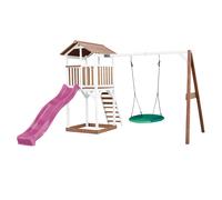 AXI Beach Tower parco giochi in legno in marrone e bianco | Torre di gioco con sabbiera, altalena a nido e scivolo viola | Casa per bambini su palafitte per il giardino