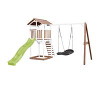 AXI Beach Tower parco giochi in legno in marrone e bianco | Torre di gioco con sabbiera, altalena a nido e scivolo verde lime | Casa per bambini su palafitte per il giardino