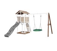 AXI Beach Tower parco giochi in legno in marrone e bianco | Torre di gioco con sabbiera, altalena a nido e scivolo grigio | Casa per bambini su palafitte per il giardino