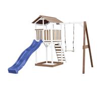 AXI Beach Tower parco giochi in legno in marrone e bianco | Torre di gioco con sabbiera, altalena e scivolo blu | Casa per bambini su palafitte per il giardino