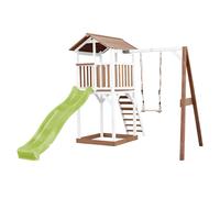 AXI Beach Tower parco giochi in legno in marrone e bianco | Torre di gioco con sabbiera, altalena e scivolo verde lime | Casa per bambini su palafitte per il giardino