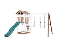AXI Beach Tower parco giochi in legno in marrone e bianco | Torre di gioco con sabbiera, doppia altalena e scivolo verde | Casa per bambini su palafitte per il giardino
