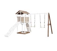 AXI Beach Tower parco giochi in legno in marrone e bianco | Torre di gioco con sabbiera, doppia altalena e scivolo bianco | Casa per bambini su palafitte per il giardino