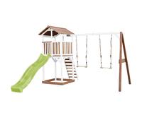 AXI Beach Tower parco giochi in legno in marrone e bianco | Torre di gioco con sabbiera, doppia altalena e scivolo verde lime | Casa per bambini su palafitte per il giardino