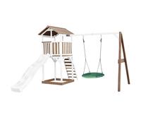 AXI Beach Tower parco giochi in legno in marrone e bianco | Torre di gioco per bambini con sabbiera, altalena a nido e scivolo bianco | Casa per bambini su palafitte per il giardino