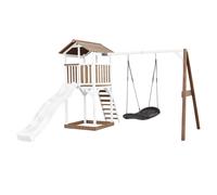 AXI Beach Tower parco giochi in legno in marrone e bianco | Torre di gioco per bambini con sabbiera, altalena a nido e scivolo bianco | Casa per bambini su palafitte per il giardino