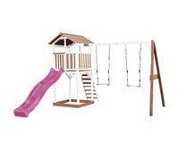 AXI Beach Tower parco giochi in legno in marrone e bianco | Torre di gioco per bambini con sabbiera, doppia altalena e scivolo viola | Playhouse su palafitte per il giardino