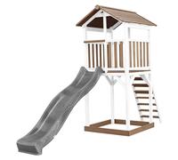 AXI Beach Tower parco giochi in legno in marrone e bianco | Torre di gioco per bambini con sabbiera e scivolo grigio | Casa per bambini su palafitte per il giardino