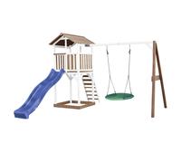 AXI Beach Tower parco giochi in legno in marrone e bianco | Torre di gioco per bambini con sandbox, altalena nido e scivolo blu | Playhouse su palafitte per il giardino