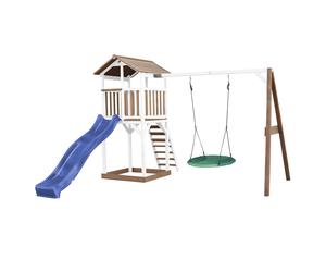 AXI Beach Tower parco giochi in legno in marrone e bianco | Torre di gioco per bambini con sandbox, altalena nido e scivolo blu | Playhouse su palafitte per il giardino