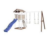 AXI Beach Tower parco giochi in legno in marrone e bianco | Torre di gioco per bambini con sandbox, doppia altalena e scivolo blu | Casa per bambini su palafitte per il giardino