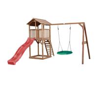 AXI Beach Tower parco giochi in legno in marrone | Torre di gioco per bambini con sabbiera, altalena a nido e scivolo rosso | Casa per bambini su palafitte per il giardino