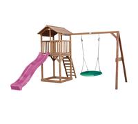 AXI Beach Tower parco giochi in legno in marrone | Torre di gioco per bambini con sabbiera, altalena a nido e scivolo viola | Casa per bambini su palafitte per il giardino