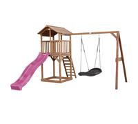 AXI Beach Tower parco giochi in legno in marrone | Torre di gioco per bambini con sabbiera, altalena a nido e scivolo viola| Casa per bambini su palafitte per il giardino