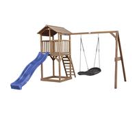 AXI Beach Tower parco giochi in legno in marrone | Torre di gioco per bambini con sabbiera, altalena a nido e scivolo blu | Casa per bambini su palafitte per il giardino