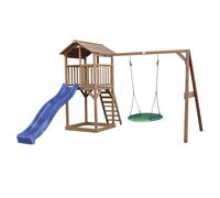 AXI Beach Tower parco giochi in legno in marrone | Torre di gioco per bambini con sabbiera, altalena a nido e scivolo blu | Casa per bambini su palafitte per il giardino