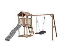 AXI Beach Tower parco giochi in legno in marrone | Torre di gioco per bambini con sabbiera, altalena a nido e scivolo grigio | Casa per bambini su palafitte per il giardino