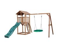 AXI Beach Tower parco giochi in legno in marrone | Torre di gioco per bambini con sabbiera, altalena a nido e scivolo verde | Casa per bambini su palafitte per il giardino
