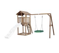 AXI Beach Tower parco giochi in legno in marrone | Torre di gioco per bambini con sabbiera, altalena a nido e scivolo bianco | Casa per bambini su palafitte per il giardino