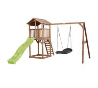 AXI Beach Tower parco giochi in legno in marrone | Torre di gioco per bambini con sabbiera, altalena a nido e scivolo verde lime| Casa per bambini su palafitte per il giardino