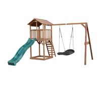 AXI Beach Tower parco giochi in legno in marrone | Torre di gioco per bambini con sabbiera, altalena a nido e scivolo verde | Casa per bambini su palafitte per il giardino